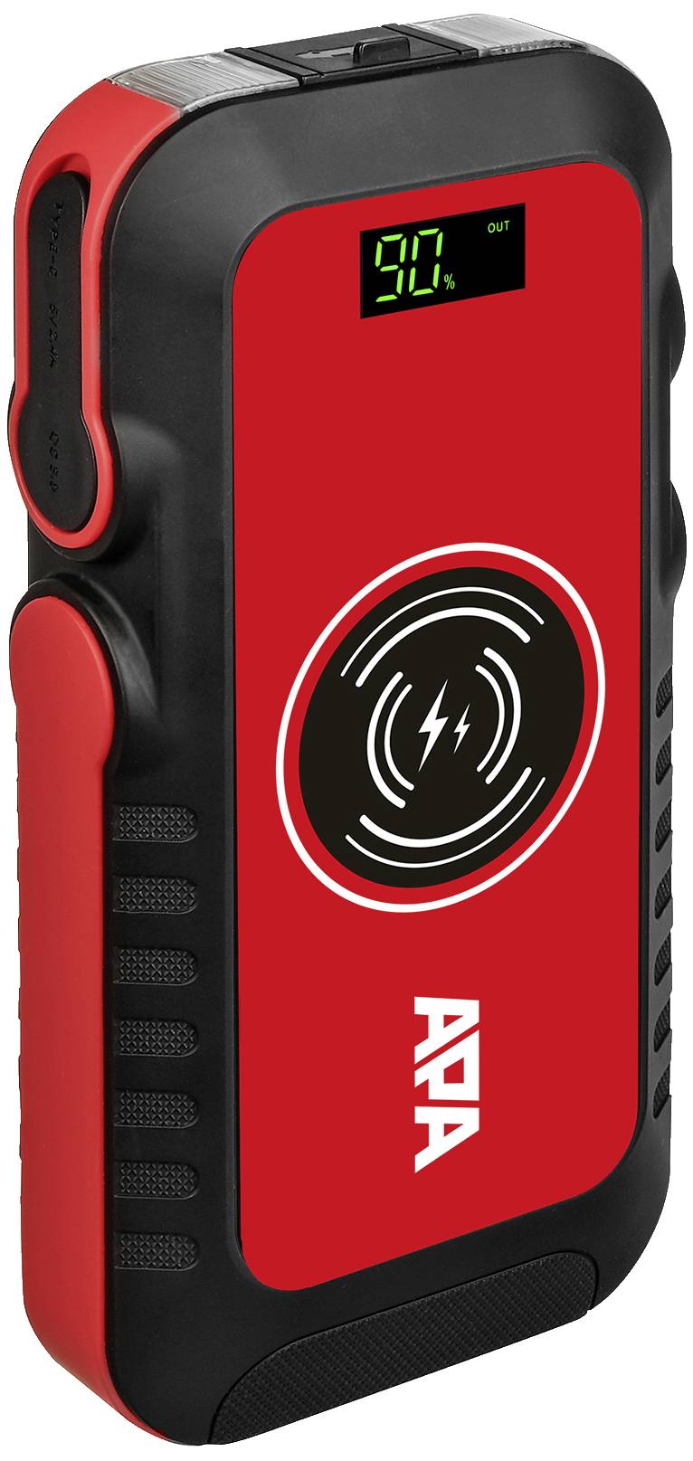 Portable charger in black and red with digital display showing '90%', Qi charging symbol and side USB port. Brand name 'APA'.