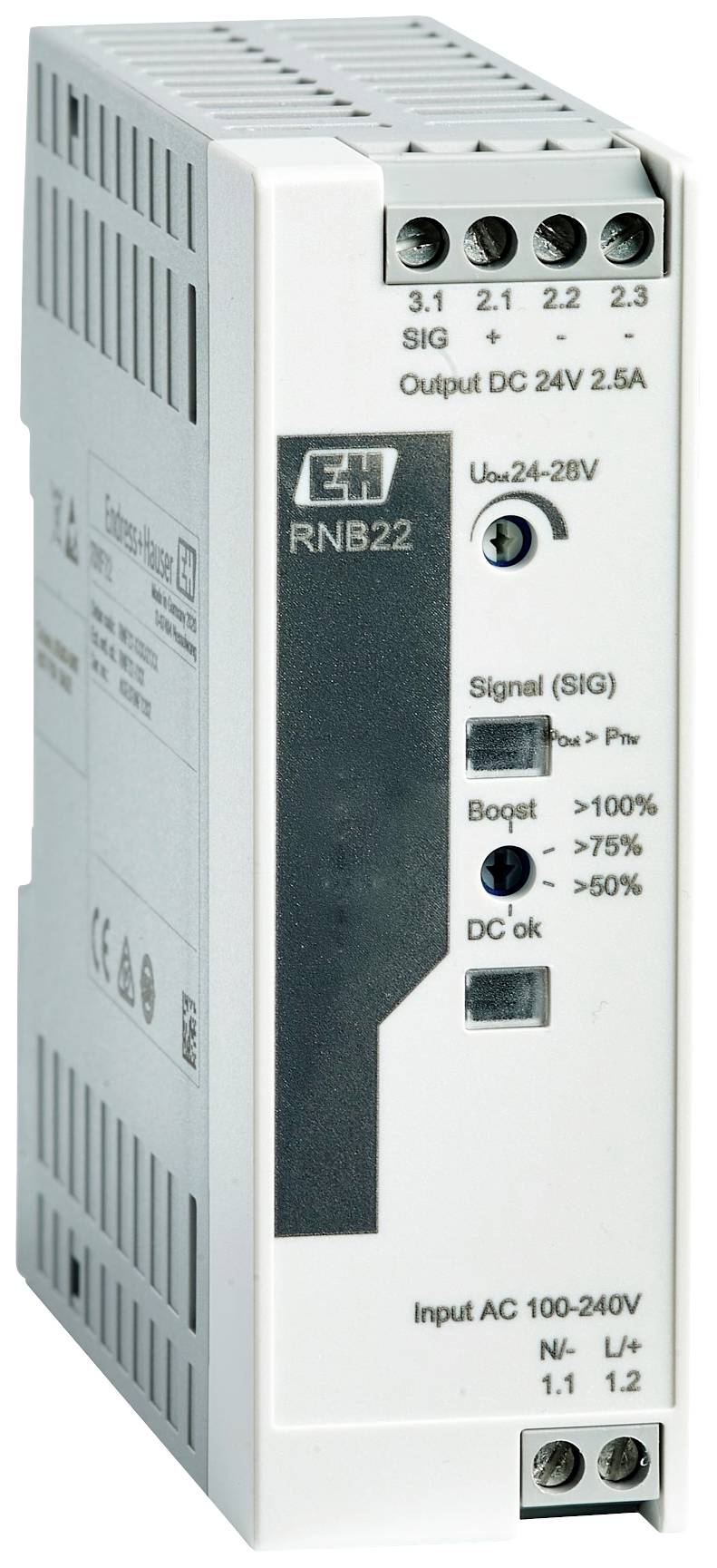 A power supply module with connection terminals and voltage indicator, marked as 'RNB22'. It provides a 24V output voltage.