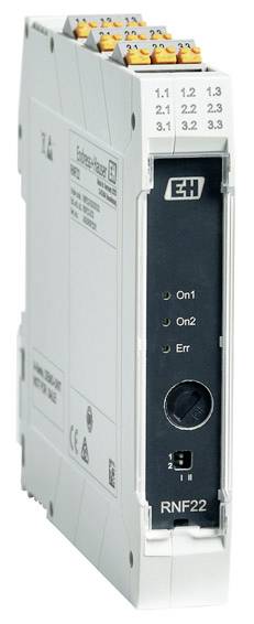 An electronic measuring device with multiple connection terminals at the top and LED indicators at the front. Labelled with 'On1', 'On2', and 'Err'.