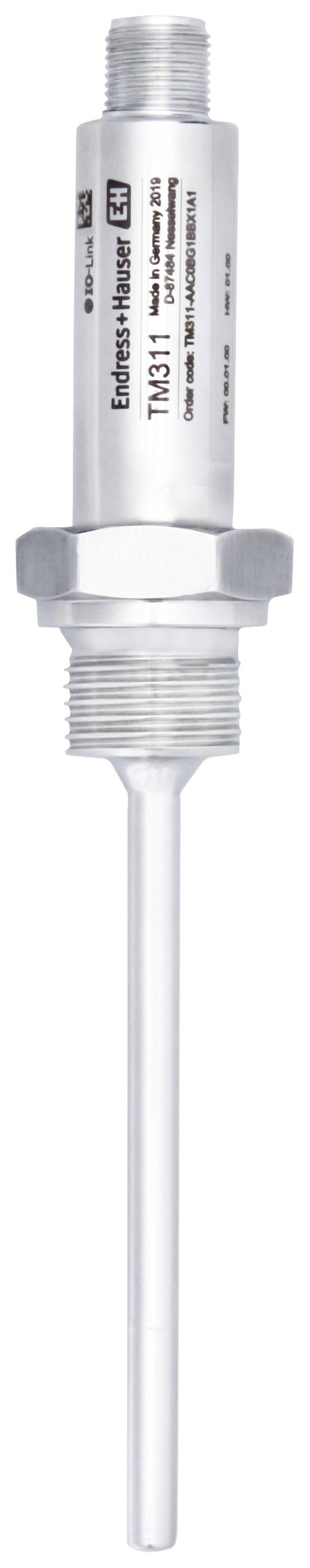 A silver temperature sensor with a thread and a long probe for temperature measurement in industrial applications.