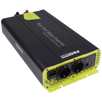 A black voltage converter with yellow accents, two plug sockets, a USB port, and a switch. Labelled 'Pure Sine Wave Inverter'.