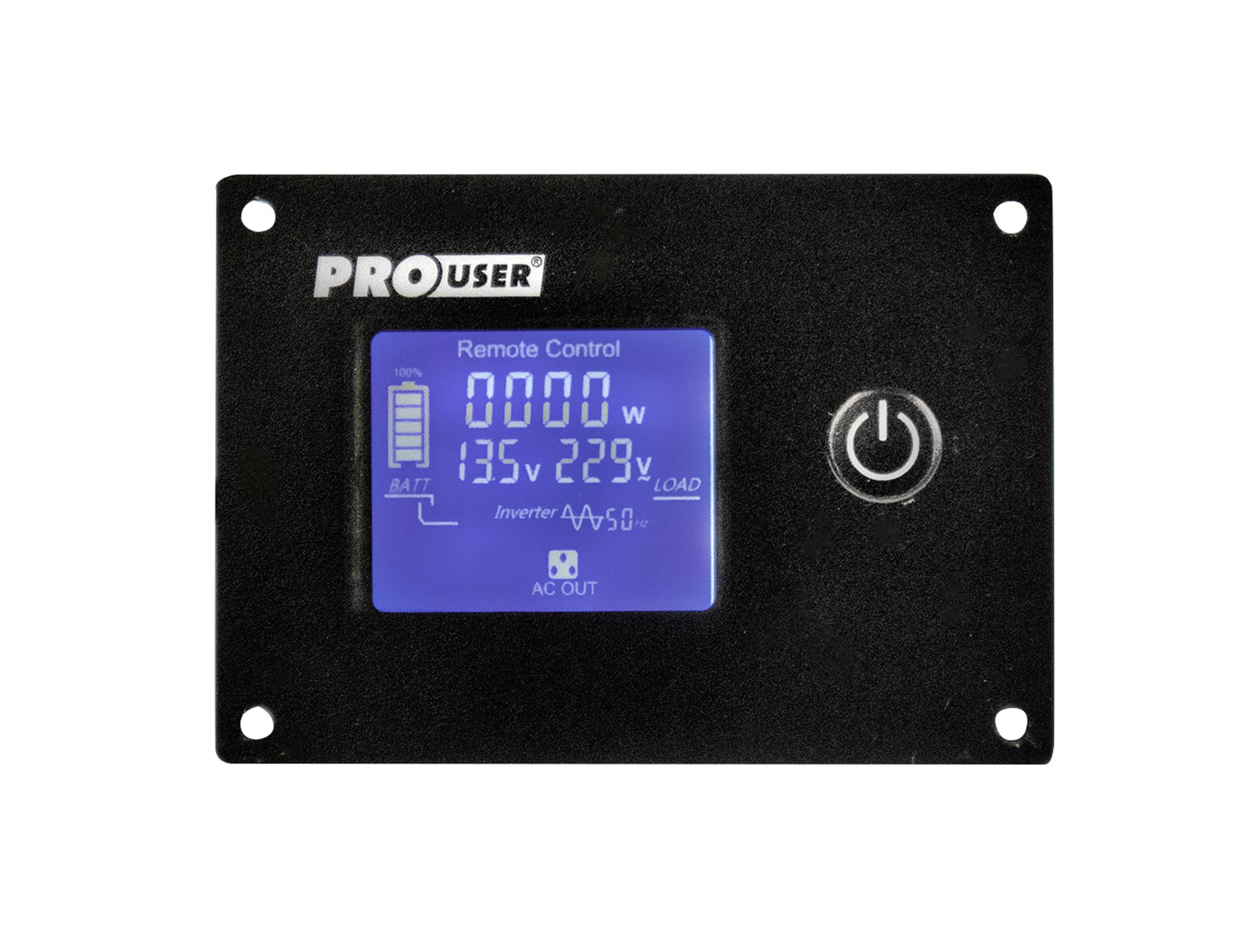 A black control unit with a blue screen, displaying '0000 W', 13.5V/229V, battery and charge level symbols, large power on/off button.
