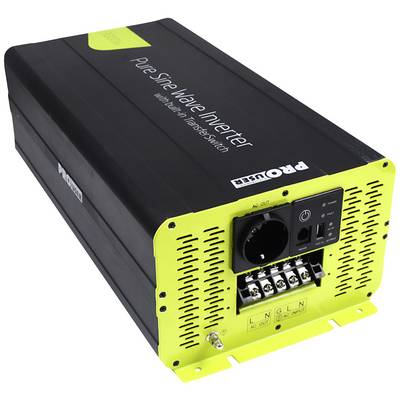 Black and yellow inverter with 'Pure Sine Wave Inverter' printed on the top, showing connections and switches.