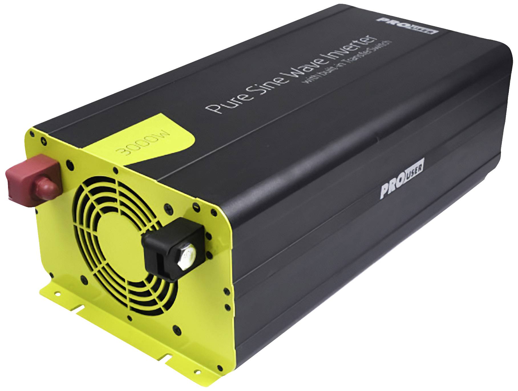 'A black inverter with a yellow end and ventilation grille, marked with 3000W and the inscription Pure Sine Wave Inverter.'