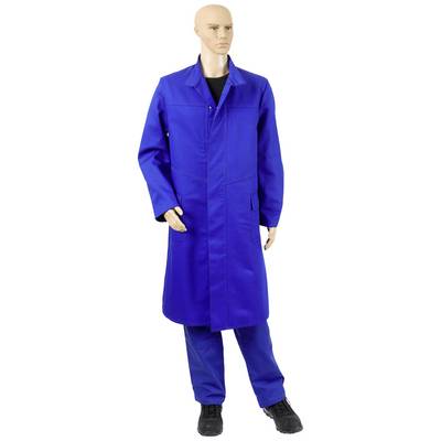 A mannequin is wearing a blue overall and matching trousers.