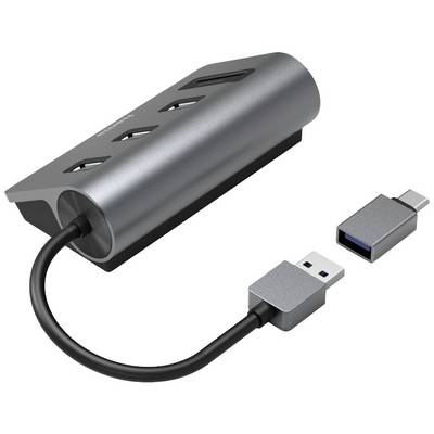 Metallic USB hub with five ports and a detachable USB cable, perfect for connecting multiple devices.
