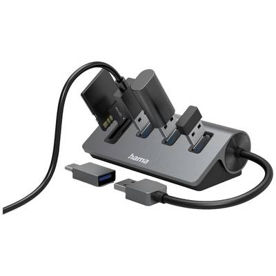 A USB hub with multiple USB drives and card readers connected. A connection cable lies beside it.