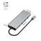 Silver USB-C hub with three USB ports and a short cable. Dimensions: 13.4 cm long, 4.6 cm wide, 1.5 cm high, cable 0.15 m.