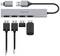 USB hub with four USB ports, multiple USB plugs and a USB-C adapter, all in silver design with black cable.