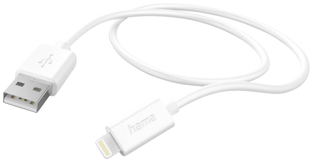 A white USB charging cable with a USB-A and a Lightning connector for connecting devices.