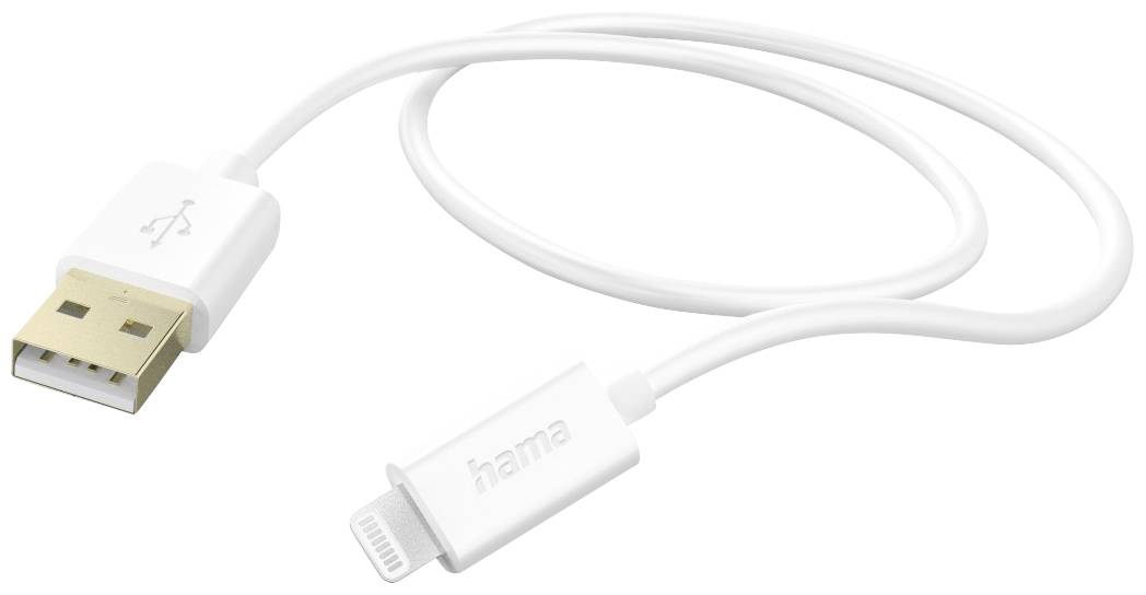 White USB cable with Lightning connector, suitable for connecting Apple devices to power sources or computers.