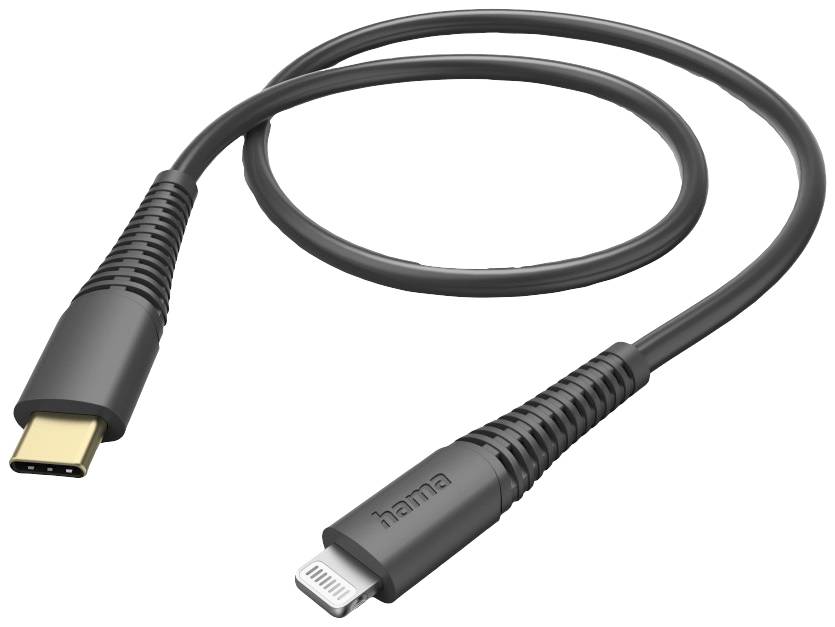 'Black USB-C to Lightning cable by Hama, suitable for charging and data transfer.'