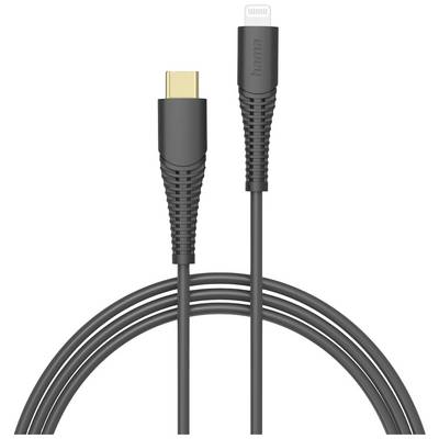 A black-grey USB-C to Lightning cable with reinforced connectors, suitable for charging and data transfer for mobile devices.