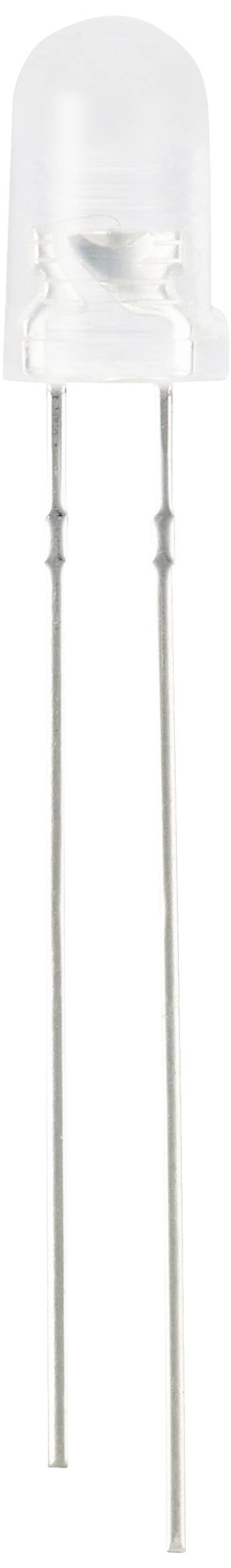 A transparent LED with two long metal leads, suitable for electrical circuits and lighting applications.