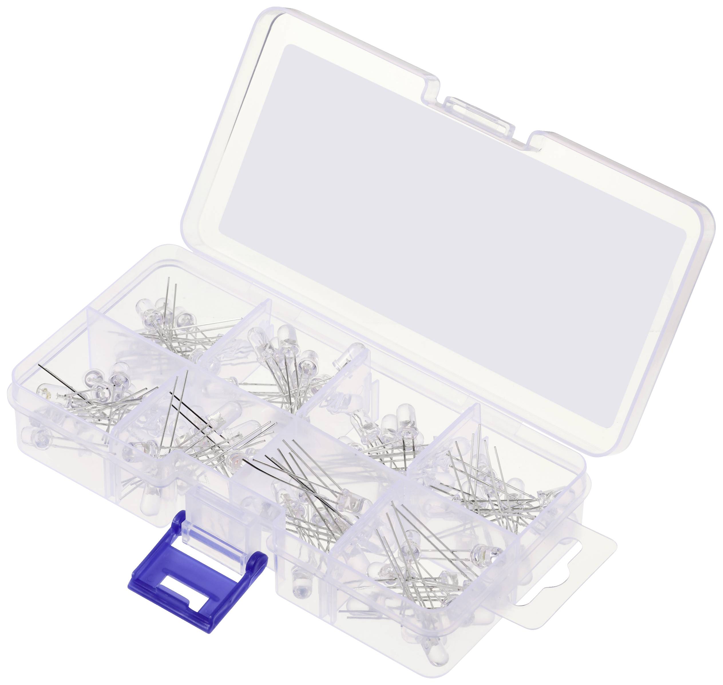 Transparent plastic box with nine compartments, filled with silver pins. Each compartment contains an equal number of pins.