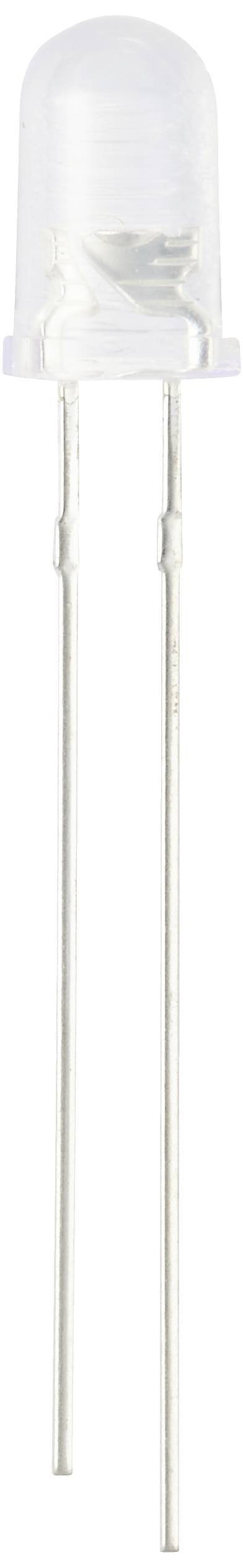 A white LED with two long, thin metal legs; used for electronic projects.