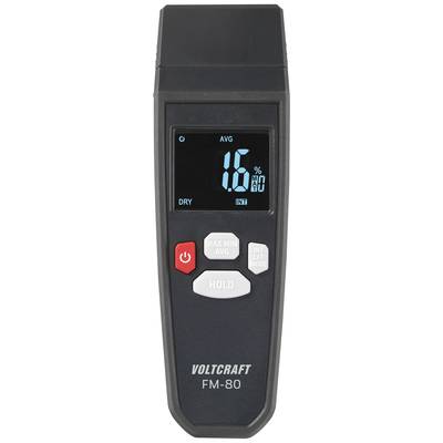 Digital measuring device with display, showing '1.6% AVG'. Buttons: Power on, Hold, Function. Brand: Voltcraft FM-80.