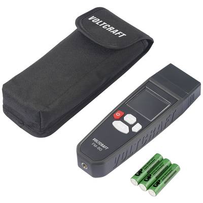 'Voltcraft HM-100' Hygrometer with protective case and three AAA batteries. Device for measuring indoor humidity levels.