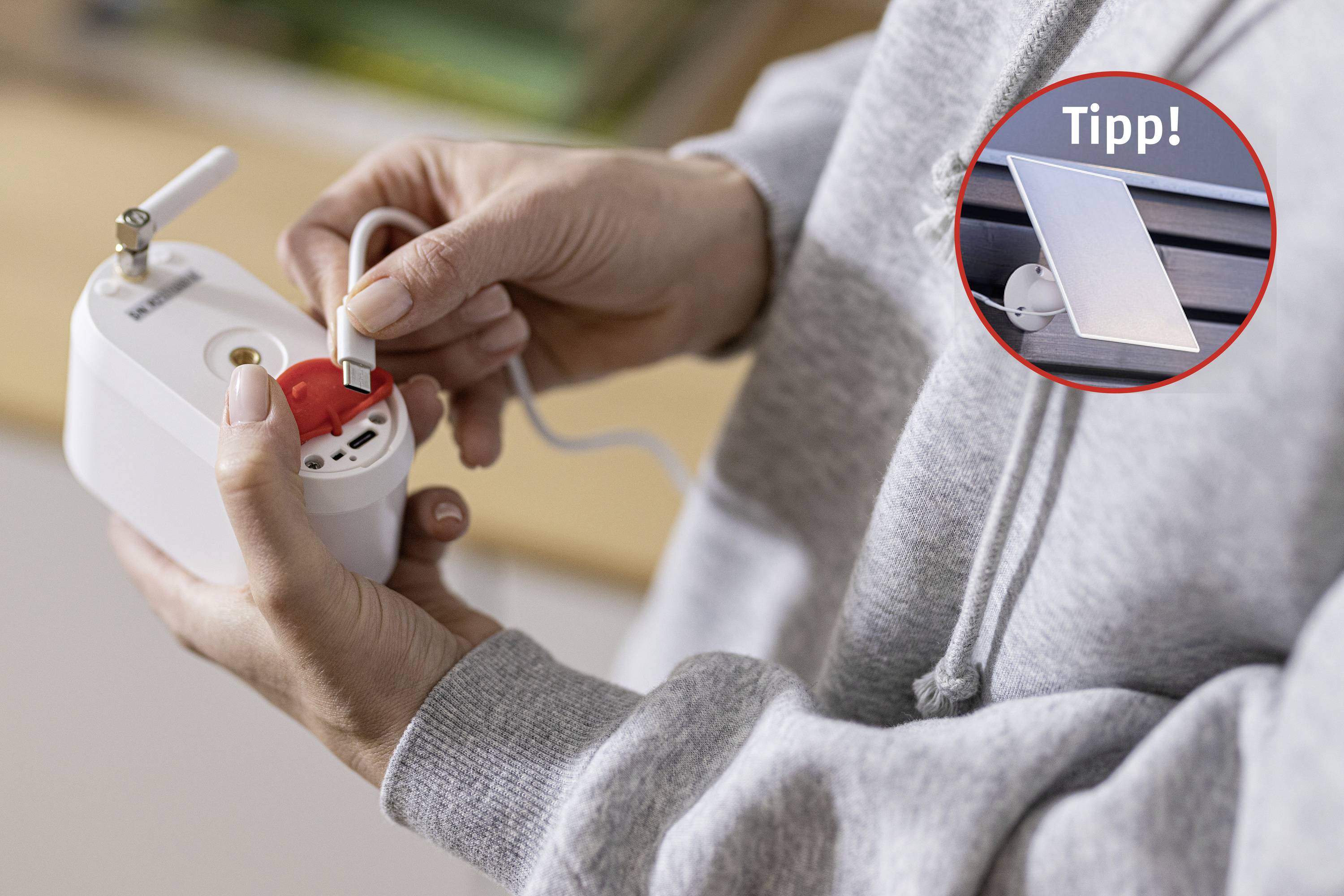 A person is plugging a USB cable into a power strip. The image on the right shows a tip for a straighter connection.