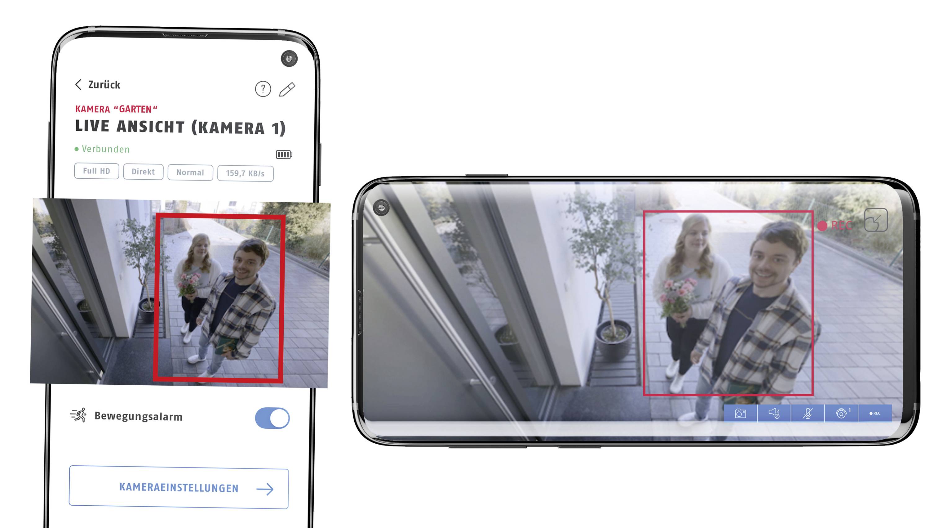 Two people are standing in front of a front door, captured by a surveillance camera. The camera view shows an alarm is active.