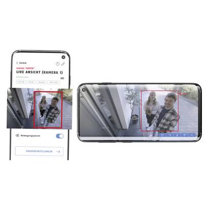 Two people are standing in front of a front door, captured by a surveillance camera. The camera view shows an alarm is active.