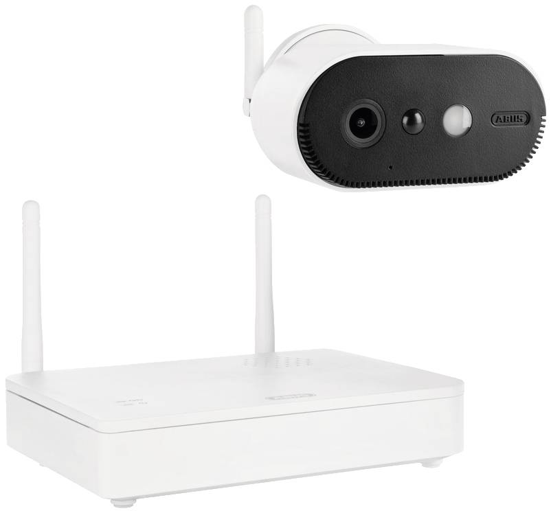 A black surveillance camera with two lenses and a white base station with two aerials. Both devices have the same brand logo.