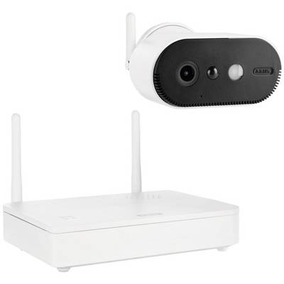 A black surveillance camera with two lenses and a white base station with two aerials. Both devices have the same brand logo.
