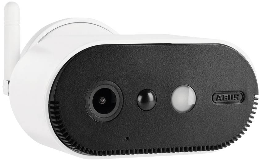 White security camera with a black front panel and two lenses. A small antenna on the side for wireless connection.