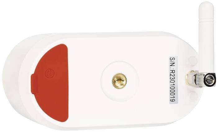 A white device with a red switch, wireless antenna, and serial number 'S/N: R230100019'. Primary function not specified.