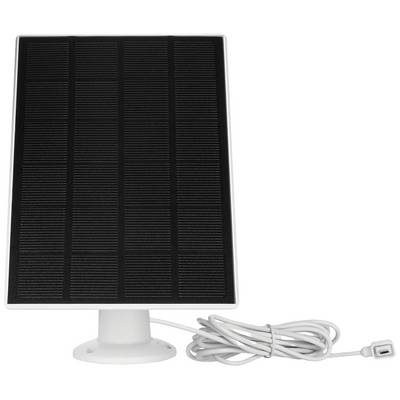 Solar panel with a rectangular, black surface and white border, mounted on a white base with connected cable.