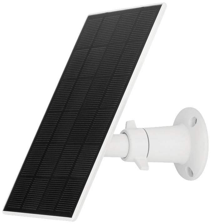 Solar panel mounted on a white wall bracket, angled upwards towards the sun.