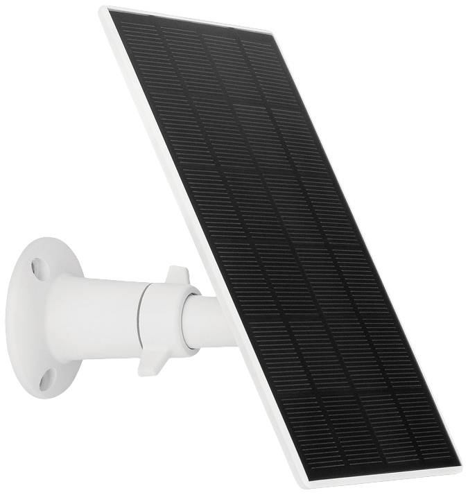 Solar panel mounted on a wall bracket, angled upwards, with rectangular solar cells for electricity generation.