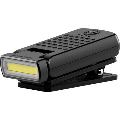 Black lamp with clip, rectangular light head and textured housing. Ideal for attaching to bags or clothing.