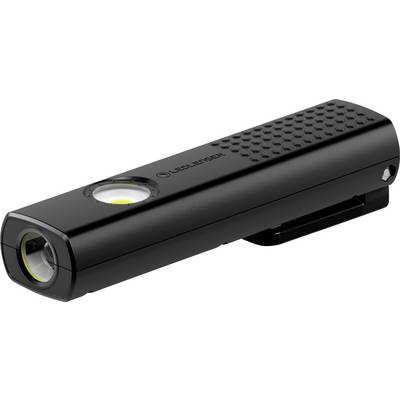 Black LED torch by Ledlenser with rectangular design, integrated clip and textured top surface for improved grip.