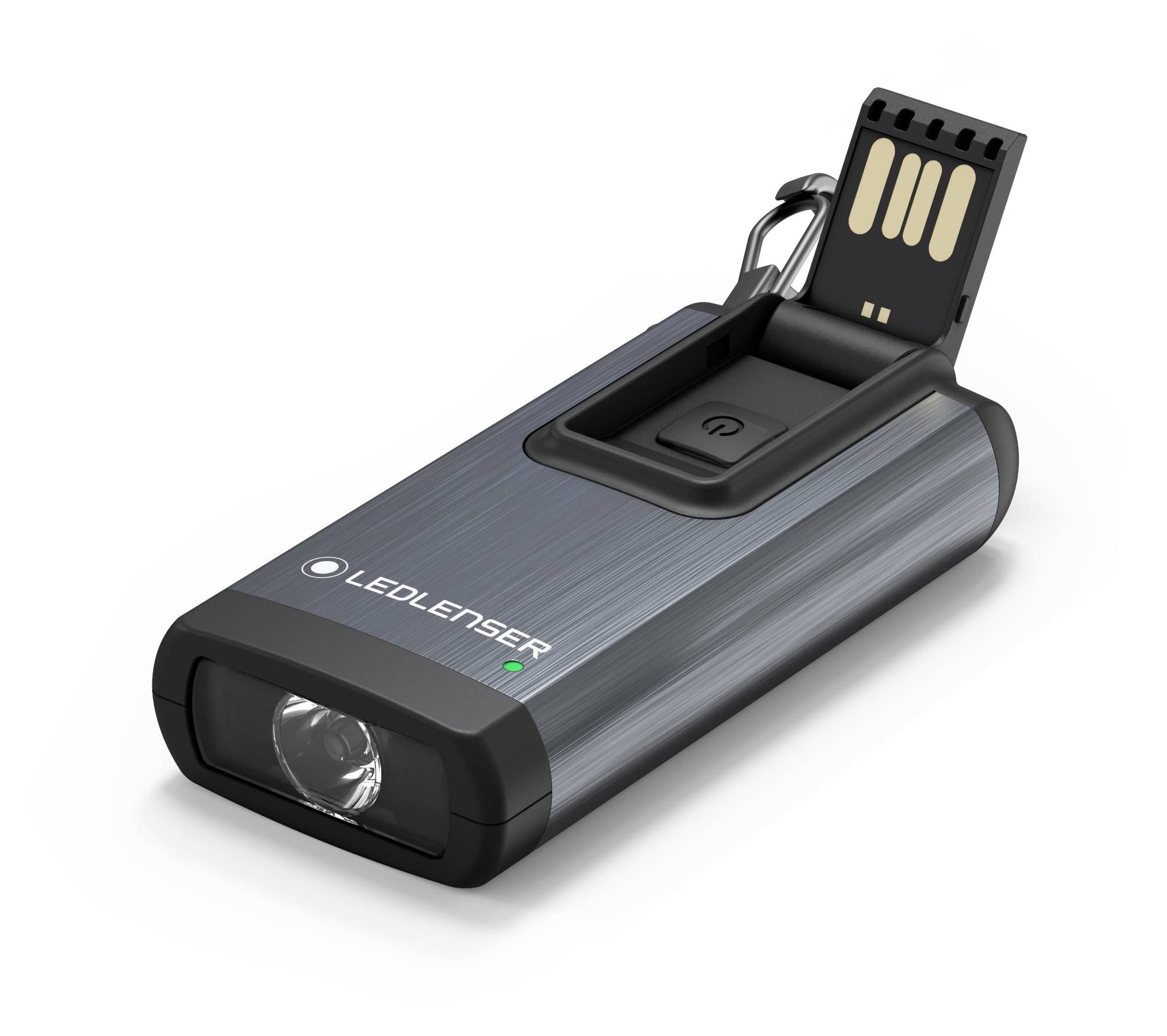 A grey LED torch with a black button and removable battery, bearing the 'LEDLENSER' label, set against a white background.