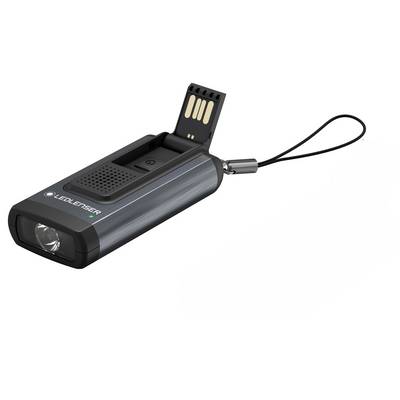 LED torch in rectangular form with USB port and carry loop.