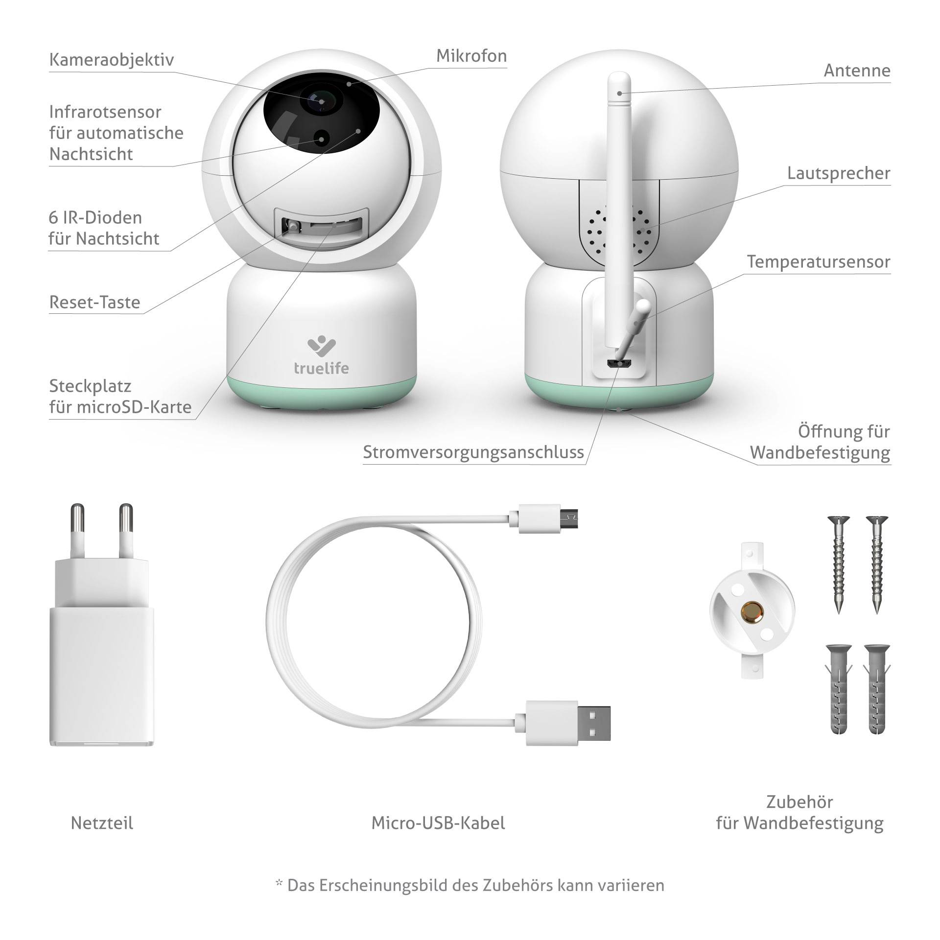 Camera with microphone, aerial, speaker and temperature sensor. Includes power supply, USB cable, wall mounting accessories.