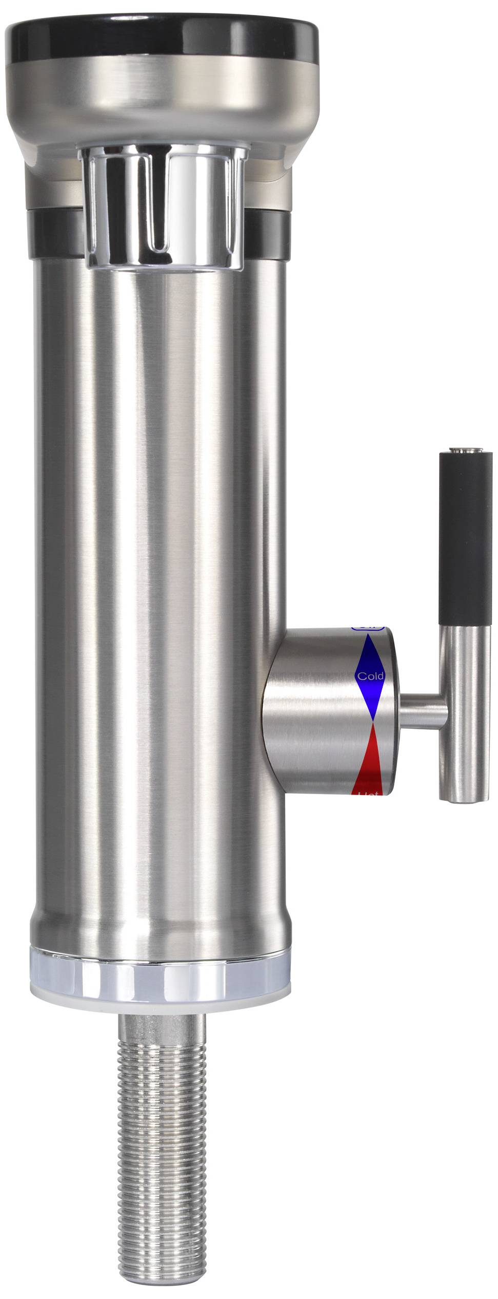 A stainless steel beer tap with lever handle, displaying red and blue temperature markings, suitable for commercial applications.
