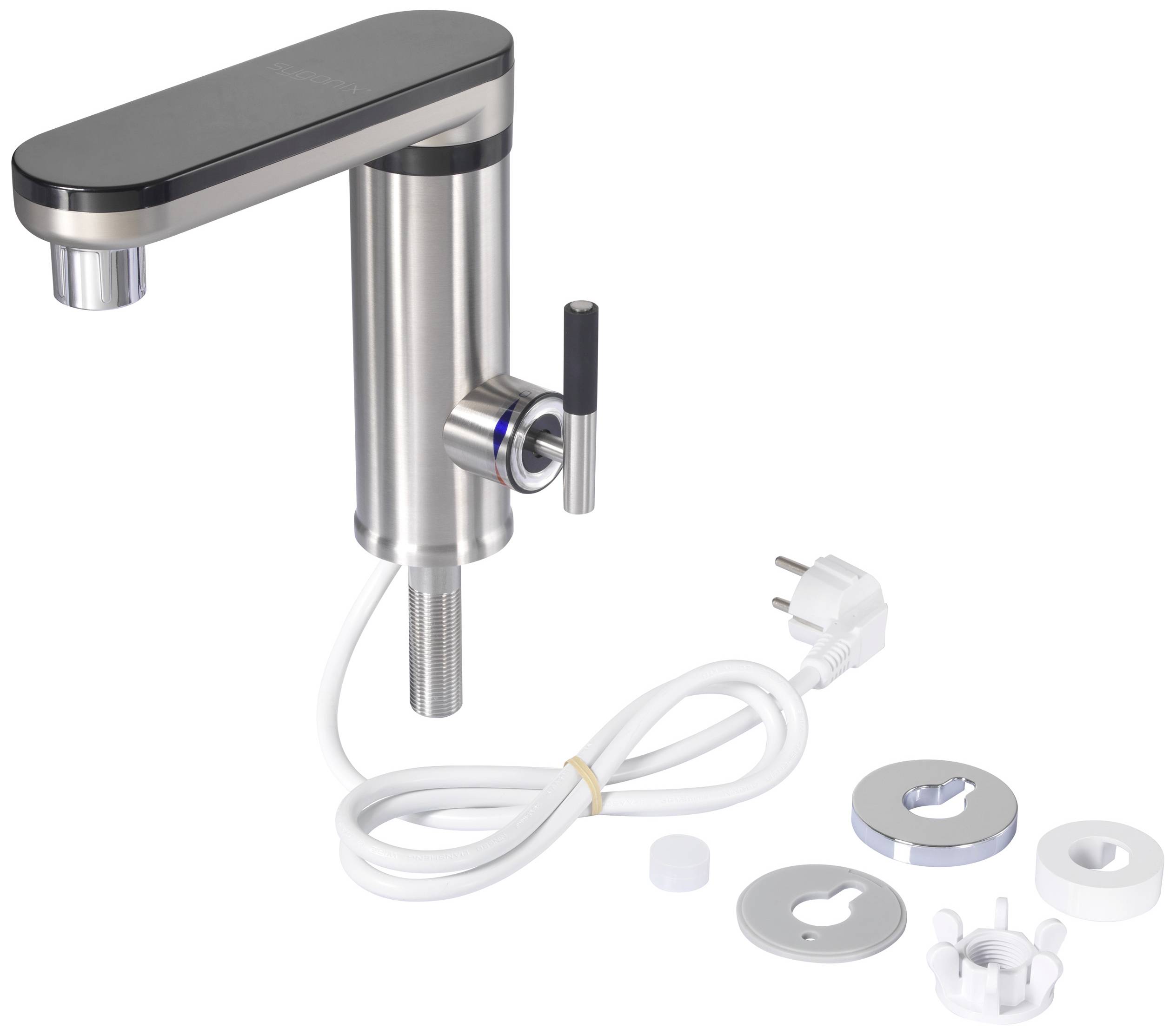 A sensor tap with mains plug and mounting hardware. The tap features a lever handle for manual operation.