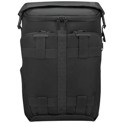 Black, rectangular rucksack with multiple closure buckles and a robust design, ideal for travelling or daily use.