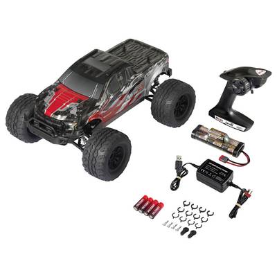 Remote-controlled car set with black and red design, remote control, battery, charger, and accessories. Suitable for children aged 14 and above.