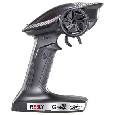 Remote control for remote-controlled vehicles, ergonomic design, with steering wheel and gear lever.