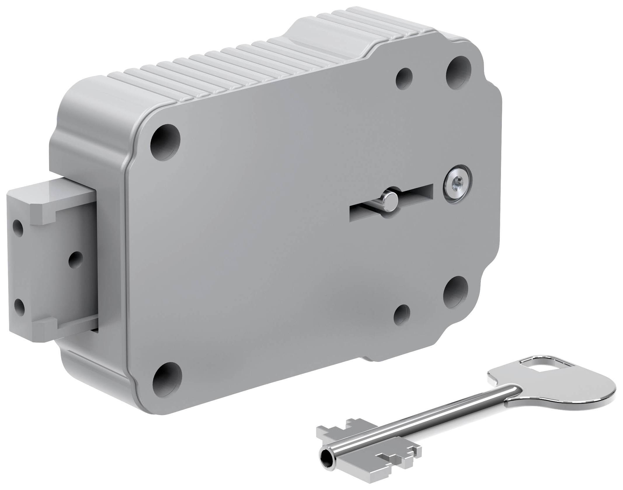 Grey box lock and matching key. The lock has several mounting holes and is secured by the key.