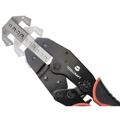 Hand crimping pliers by Toolcraft with black handles and metal cutting edge, suitable for various crimp connections.