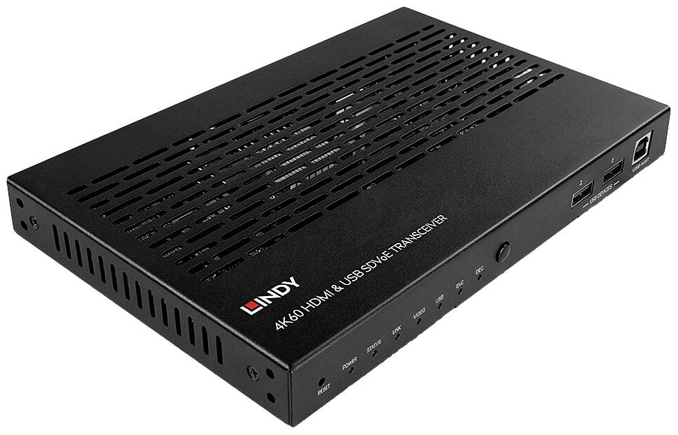 Black HDMI and USB transceiver with LINDY logo, ventilation slots and connectors on the front panel.