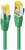 Two green Ethernet cables with yellow connectors, used for data transmission in networks.