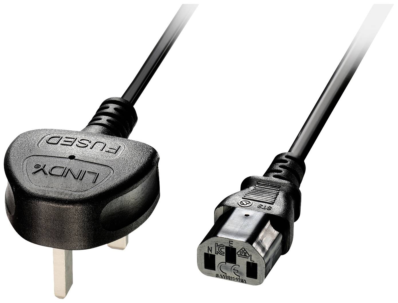 A black network cable with a three-pin plug on one side and an IEC cold device connector on the other.