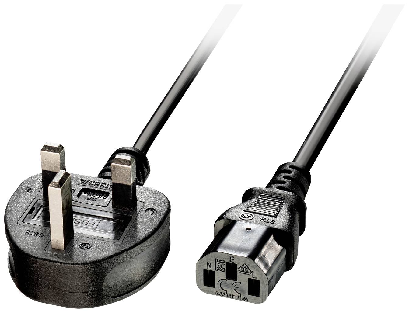 'A British three-pin plug and an IEC power cable.'