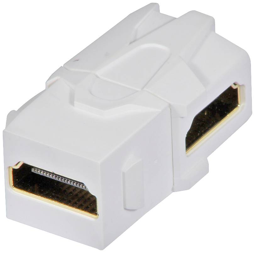 A white HDMI keystone adapter with two HDMI sockets for connecting HDMI cables in network installations.