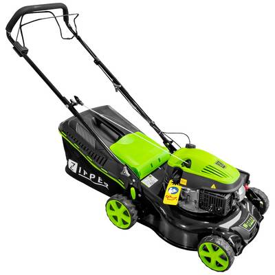 A green and black lawnmower with a handle and grass collection box, ready for use on a lawn.
